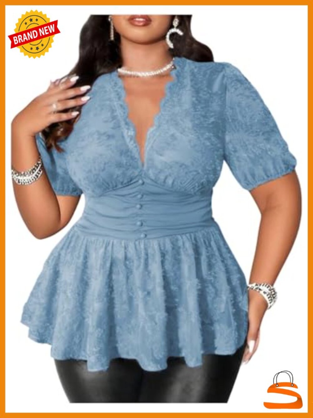Plus Size Sexy Peplum Lace Top Floral Sheer Mesh Going Out Deep V Neck Short